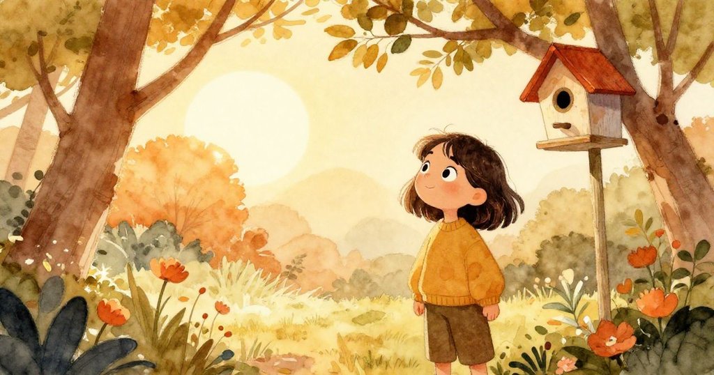 Eve 驕傲地站在晨光中，她的鳥屋輕柔地掛在綠葉下，眼神充滿希望迎向新一天，整個花園瀰漫著溫暖與成功的氛圍。