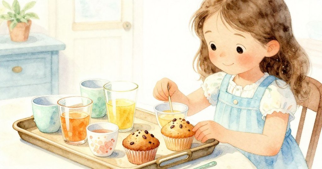 莉娜仔細擺放托盤上杯子和果汁,手部動作細緻,廚房背景溫馨且物件清晰,充滿專注神情。