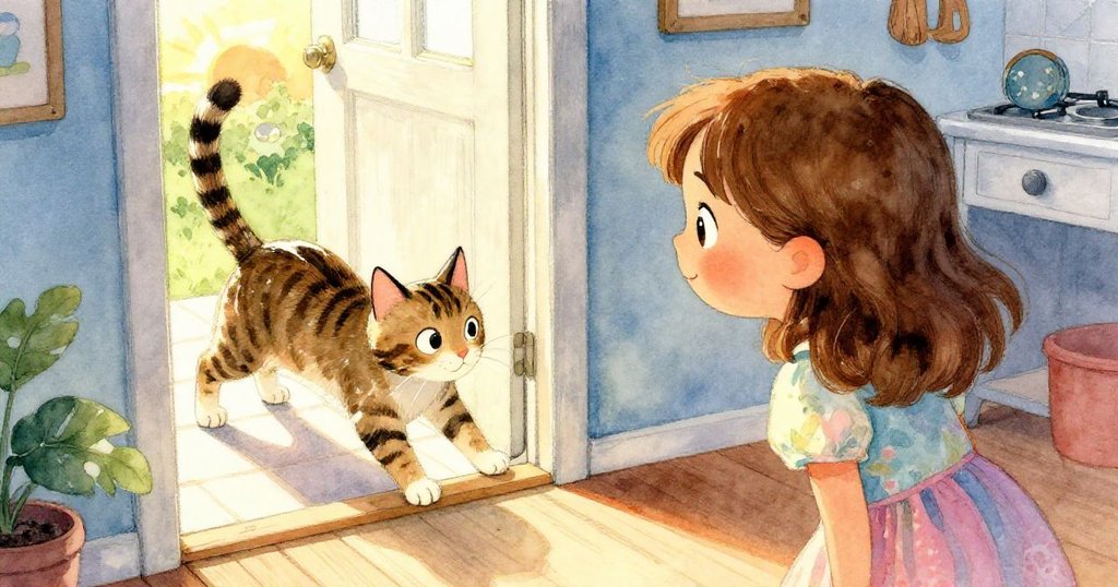 莉娜好奇地望向門外,看到一隻條紋貓正慵懶舒展身體,陽光灑落貓毛閃耀,呈現輕鬆氛圍。