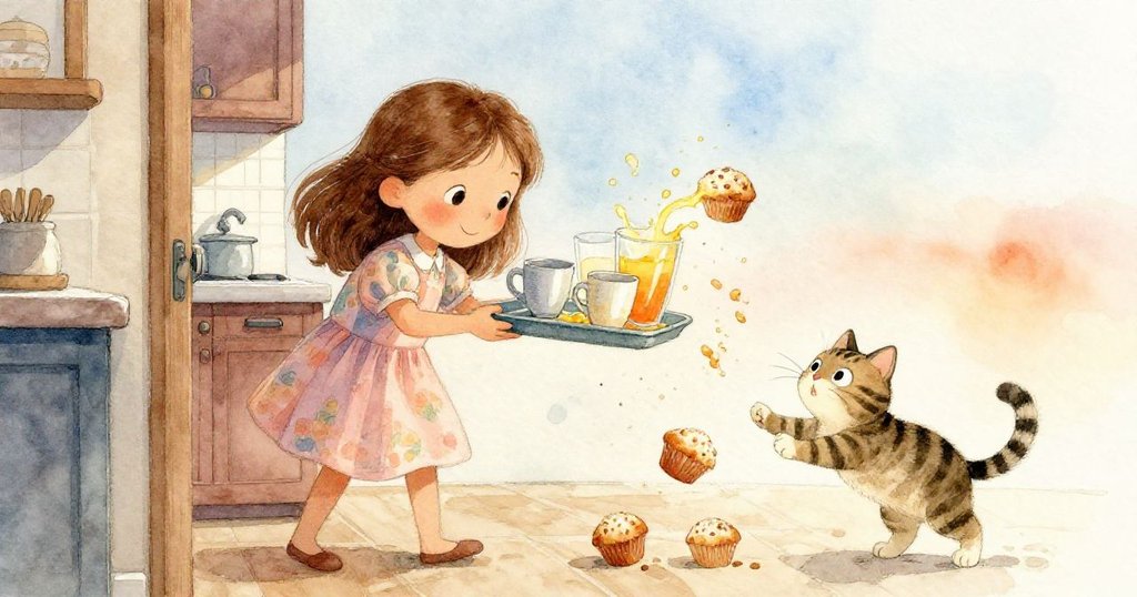 莉娜不慎撞到貓尾,托盤傾斜引發杯子碰撞與果汁濺起,鬆散鬆餅滾落地面,現場充滿驚訝動感。