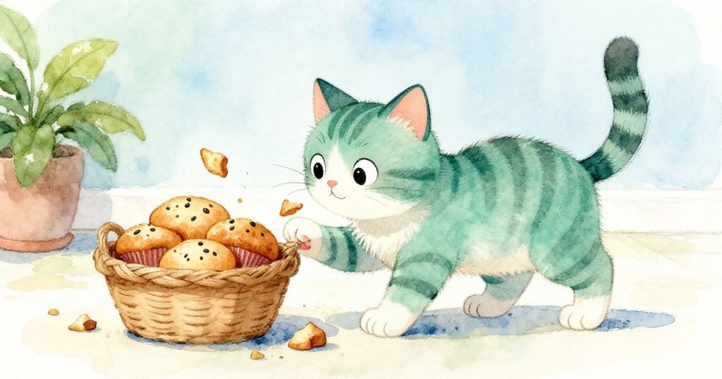 條紋貓活潑地靠近籃子中彈起的鬆餅,四周散落著餅屑,貓尾輕輕甩動表現生動活潑。