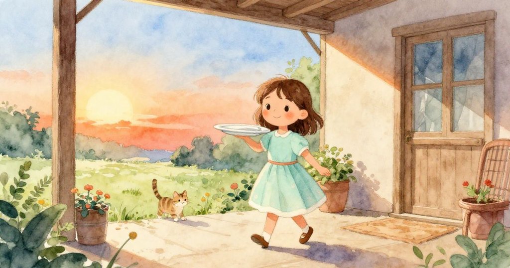 莉娜整理好現場後帶著盤子走向明亮寧靜的門廊,窗外陽光灑落,貓靜靜旁觀,氣氛恢復平穩。