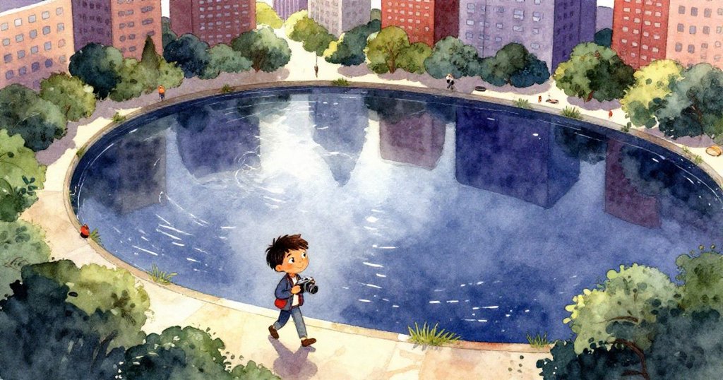 Leo攜帶相機行走於城市池塘邊，從高空視角呈現銀色水面、暖光照射及翠綠城市自然背景，充滿期待。