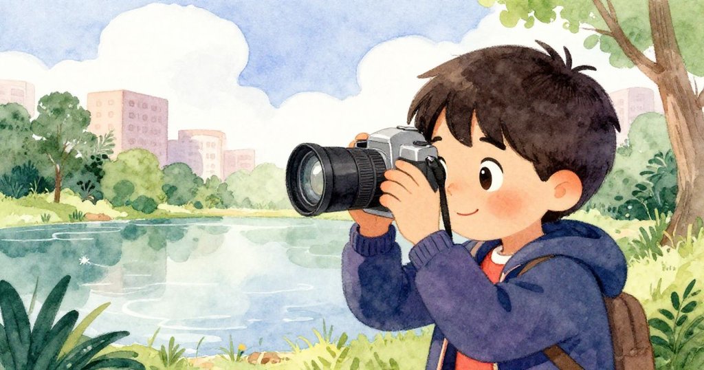 Leo透過相機觀景窗凝望池塘，映入畫面的雲朵與陽光交錯，表現出探索驚奇與堅定神情。