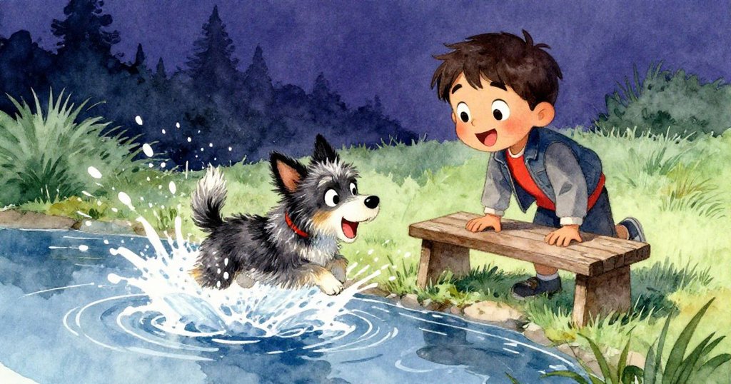 瞬間小狗從池塘中躍出溅起水花，碰撞木椅使Leo包袋傾斜，場景生動展示驚訝與活力的動感情節。