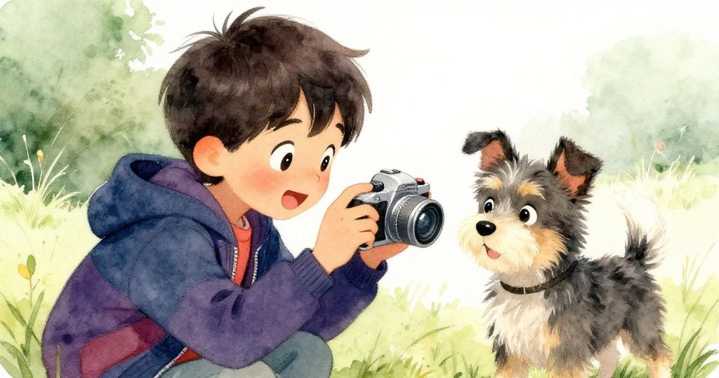 Leo俯身檢查鏡頭畫面，臉上驚喜轉為笑容，小狗安靜陪伴，展示意外之喜與互動溫馨時刻。