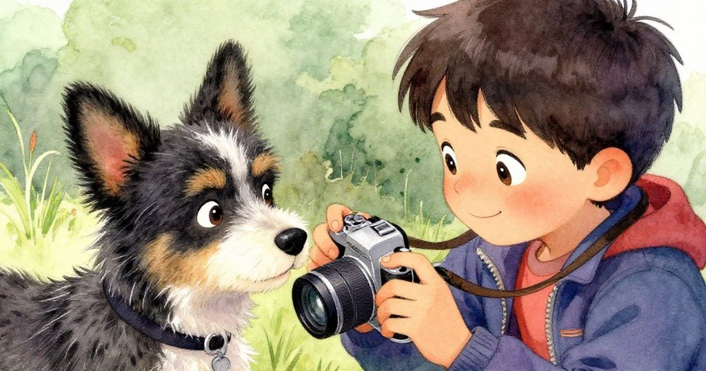 Leo溫柔取回掛於小狗項圈上的相機，與狗狗互換微笑，特寫畫面展現友誼與意外獲得的幸福時刻。