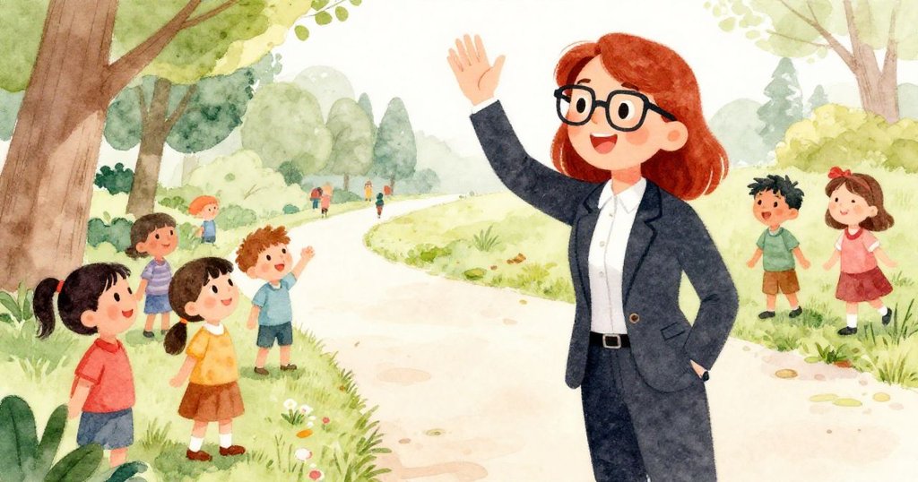 導演從小徑走來，揮手示意團隊，背景中遊客開始湧集，清晨公園充滿活力與期待。