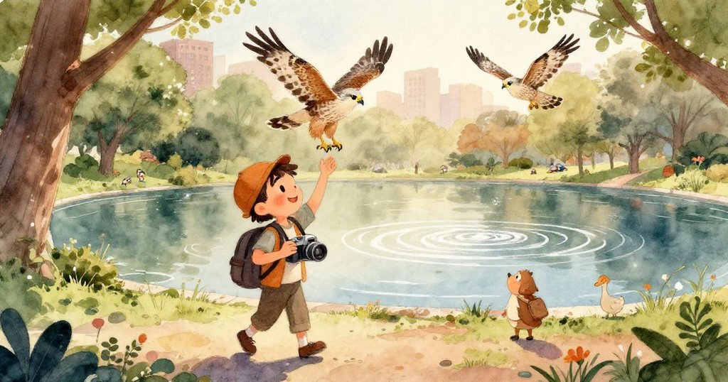 公園池塘邊遊客熱鬧交談，眾多鴨子振翅飛起，水面與泥濘映出意外的生動美景。