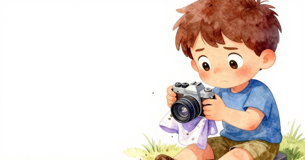 小男孩專注地用襯衫擦拭相機鏡頭，臉上流露堅定決心，背景中的蘆葦和池塘映襯出靜謐氛圍。