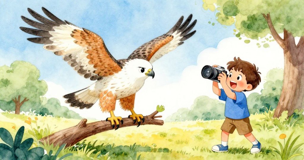 樹枝上的鷹優雅地停下，小男孩滿心喜悅按下快門，捕捉到公園中靜謐而神奇的瞬間。