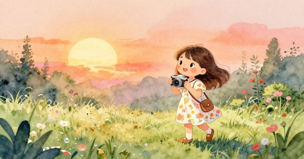 Mia帶著小相機走進花園，草地上有露珠閃爍，她充滿期待，陽光灑落營造出溫暖平和的早晨氛圍。