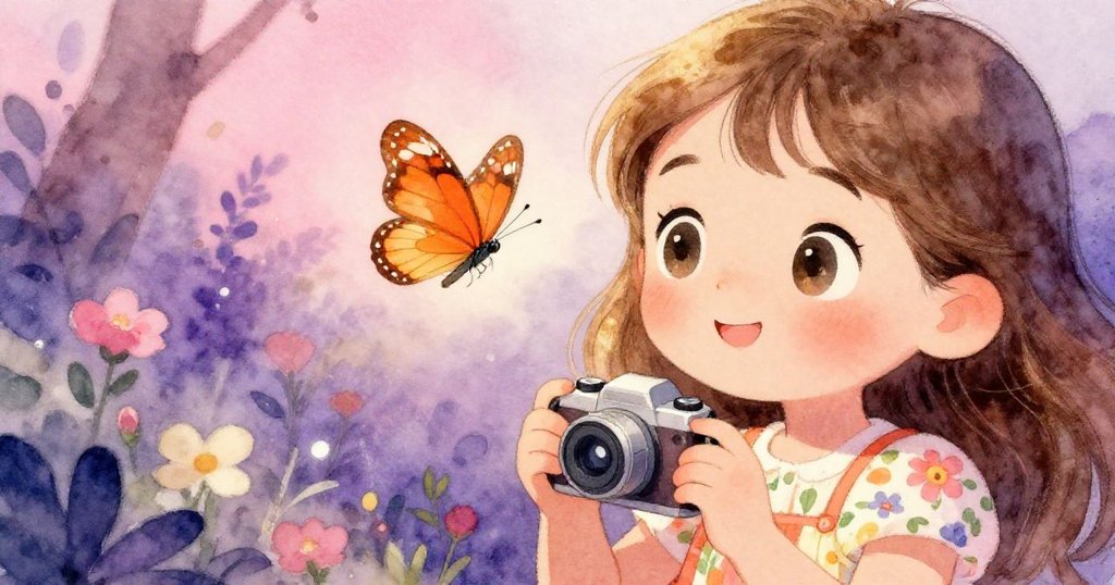 Mia的眼睛專注地看著一隻橙色蝴蝶，她流露出喜悅與好奇，背景模糊呈現花園景致，情感豐富。