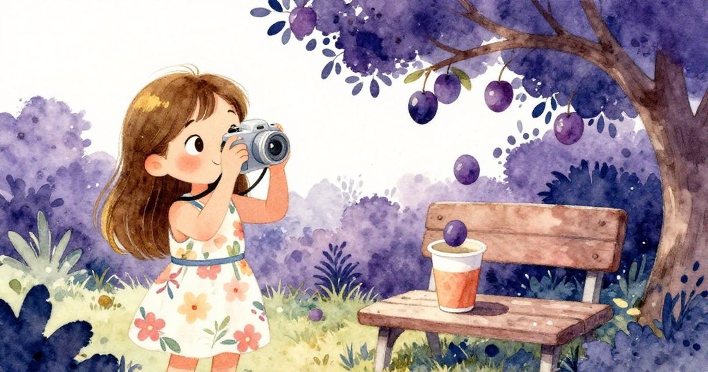 Mia分割畫面中左邊舉起相機捕捉蝴蝶，右邊樹枝彈出李子擊中紙杯，花園中充滿驚喜與動感瞬間。