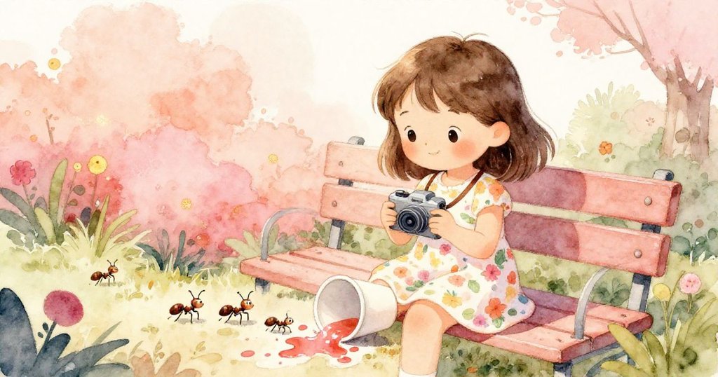 Mia在花園中清理翻倒的紙杯，果汁灑落形成黏稠圖案，螞蟻默默排隊，場景充滿轉瞬間的童趣。