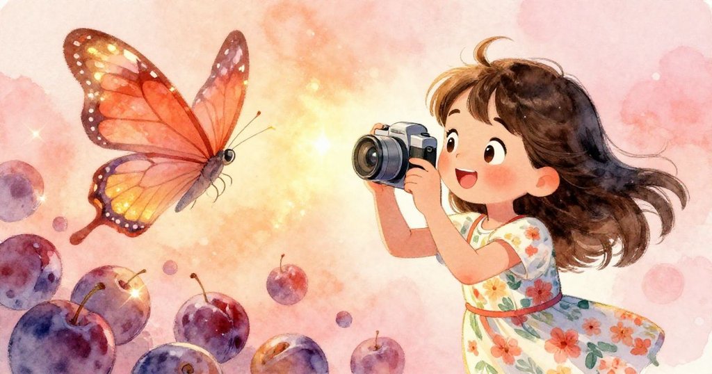 Mia在花園中發現李子排成蝴蝶翅膀的形狀，光影閃爍，她舉相機拍攝，臉上露出燦爛喜悅笑容，氛圍慶祝。