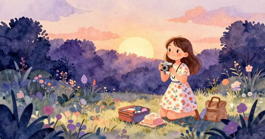 Mia在傍晚的花園中收拾相機與紙巾，整理物品後靜靜走向家園，暮色中散發著平和滿足的溫馨感。