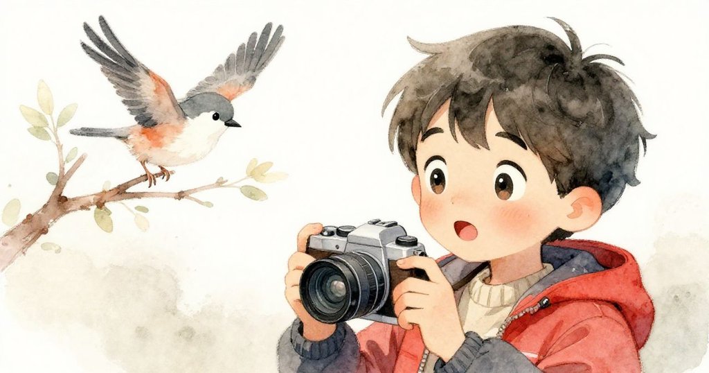 Leo抬起相機對著高處的鳥,臉上驚訝與關切並存,背景有輕輕晃動的樹枝和晨光。