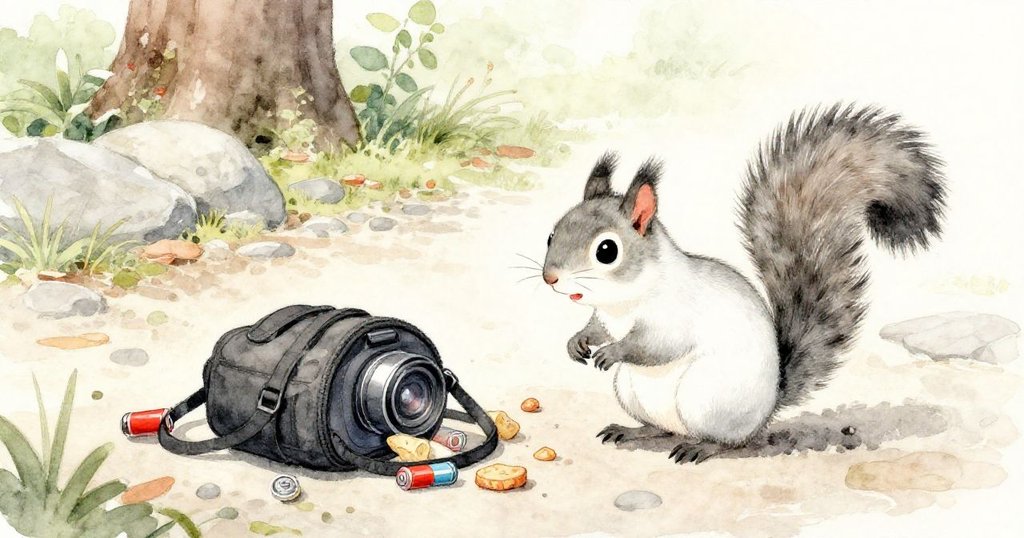 一隻好奇的松鼠在公園石徑上探查散落的相機包零件、零食和電池,動作活潑,背景有落葉和自然光。