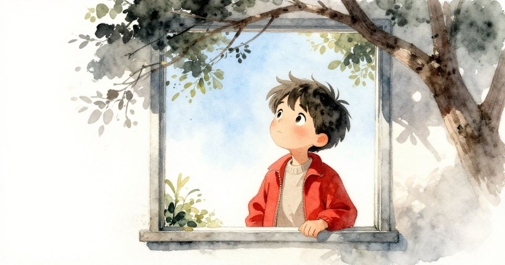 Leo仰望枝間的空隙見到蔚藍天空,表情充滿驚奇與寧靜,周圍樹枝搖曳呈現隱藏之美。