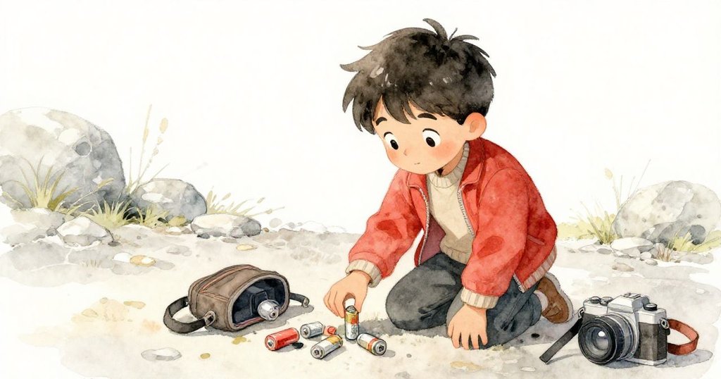 Leo跪在石徑上等待收拾散落的電池和相機包零件,臉上展現出堅定冷靜的神情,環境簡約而溫暖。