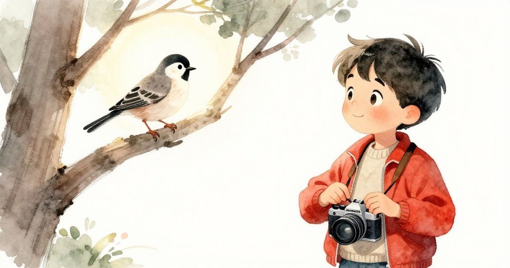 Leo整理好相機包後站在樹隙前,調整脖子上的相機,準備捕捉停在陽光下的小鳥,表情自信迎向全新景象。