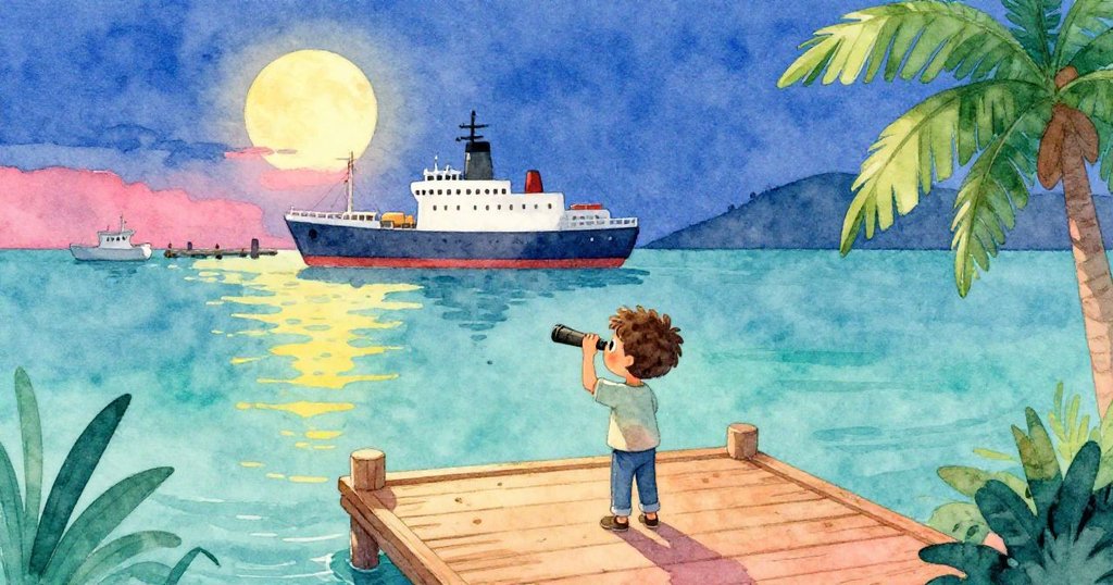 湯姆站在溫暖燈光映照的木製碼頭上，背景是深藍夜空和遠方巨大船隻，展現寧靜海港與期待情感。