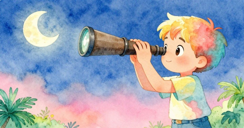 湯姆專注舉著發光望遠鏡，凝視夜空中隱藏的星光，充滿追夢與期待的神情。