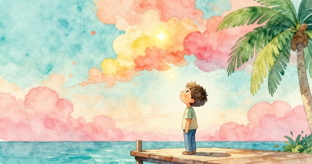 微風吹動濃密雲層，露出一顆閃耀星星，湯姆仰望夜空驚喜連連，畫面充滿魔法般的瞬間。