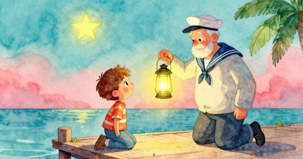 湯姆彎身驚喜仰望初現的星光，和藹海員手提溫暖燈籠，共享神奇夜晚溫馨時刻。