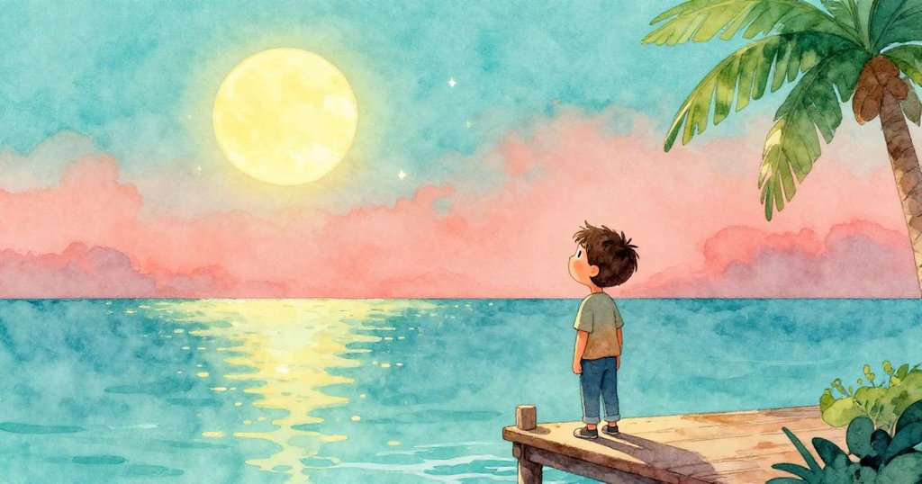 湯姆站在碼頭邊緣，凝視未來開放光明的海平面，月光與星光交織，充滿冒險與希望的情懷。