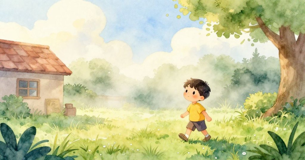 米洛走進晨霧籠罩的庭院,柔和的晨光灑在露水沾濕的青草上,天空漂浮著輕柔的雲朵,充滿寧靜與期待。