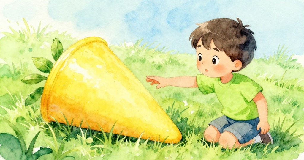 米洛伸手觸摸草地上的亮黃色路障,專注細看其細節,畫面特寫展現柔和光影和自然色彩,充滿溫柔好奇。