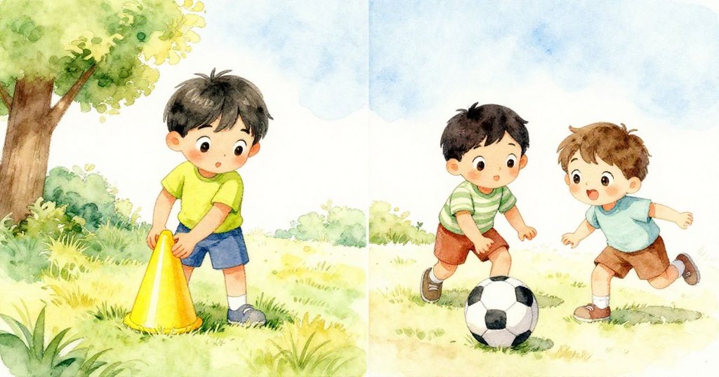 米洛小心翼翼放置黃色路障,旁邊兩位孩子好奇走近踢球,畫面分劃呈現兩個互動場景,生動活潑。