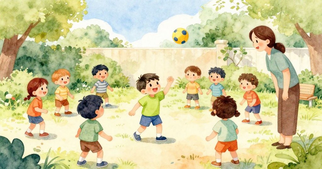 隨著時間推移,庭院變得熱鬧非凡,陽光高照,更多孩子加入比賽,米洛和老師在快樂互動中共同享受熱烈氣氛。