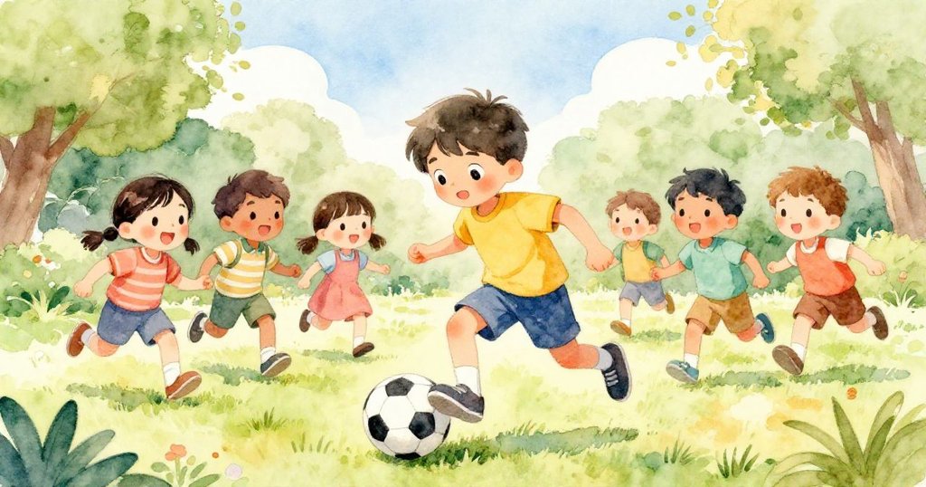 米洛全神貫注運球奔跑,鞋子輕敲地面,孩子們興奮追逐搖晃的球,動感十足,充滿活力與樂趣。