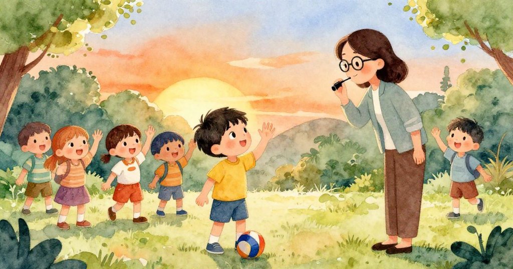 米洛靜立微笑,腳邊靜放著球,老師輕吹口哨,孩子們依依揮手告別,夕陽映照中溫馨告別。