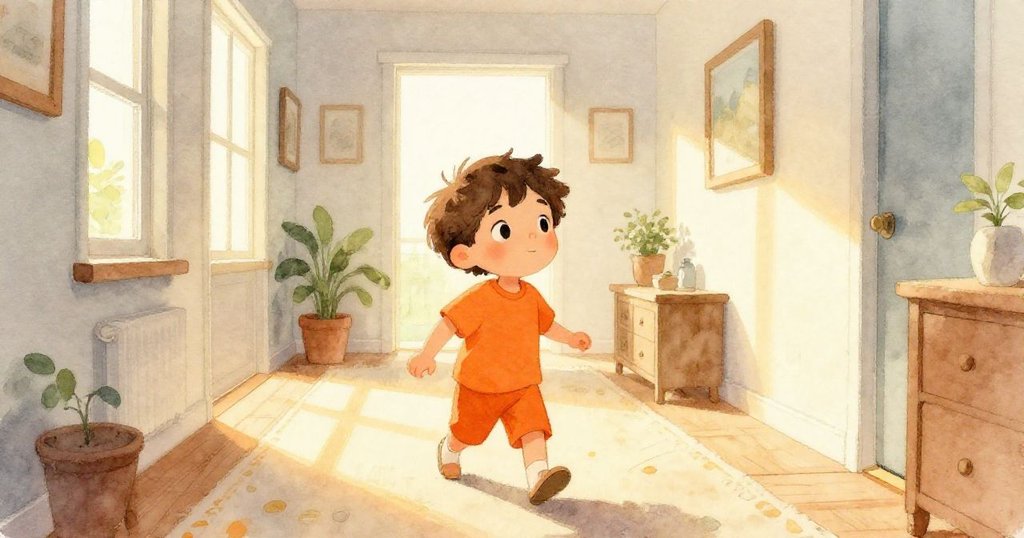 Leo站在明亮走廊中，光線溫暖，踩著柔軟地毯，充滿好奇與期待，展現冒險開始。