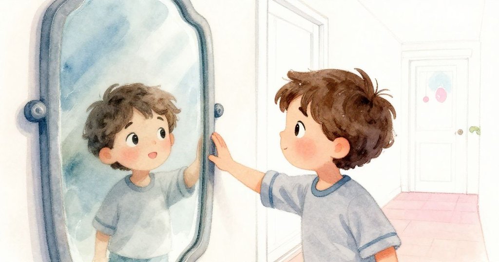 Leo 小心觸摸冷冽鏡框，鏡中隱現男子身影，神秘氛圍中展現好奇與驚訝。