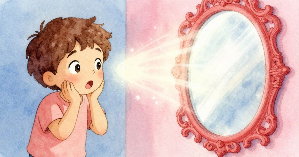 Leo 停步凝望，鏡框上光影流轉，展現現實與幻影交織的奇妙瞬間。