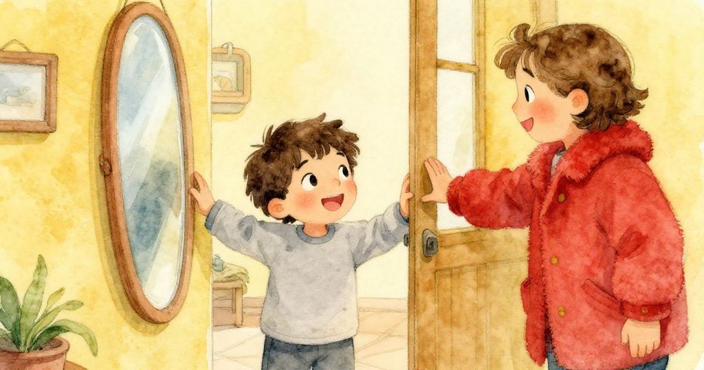 訪客輕觸鏡框，Leo 與他親切互動，共享溫馨時刻，疑慮隨之消散。