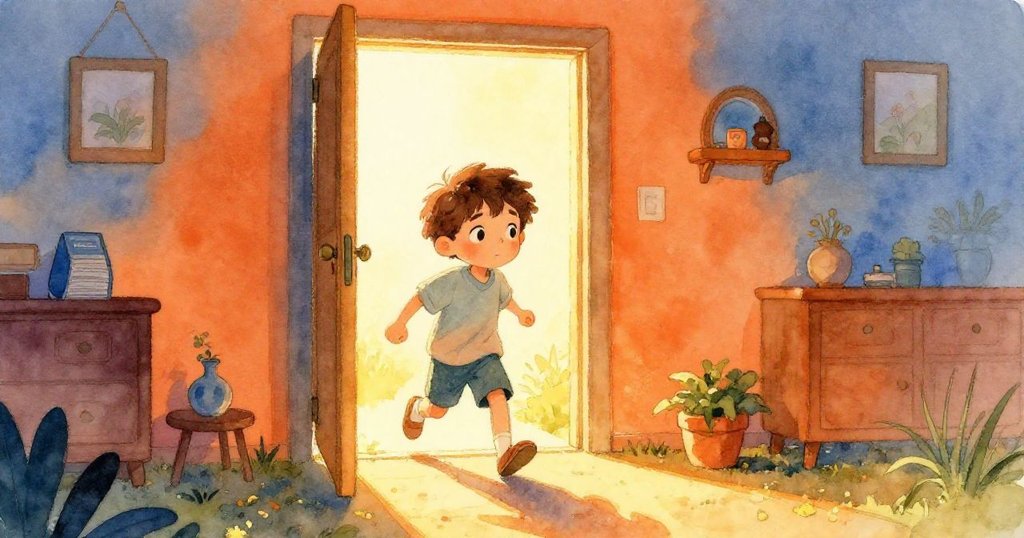 Leo 踏步向前，從敞開門口走出，迎向充滿希望和未來的光明新路。