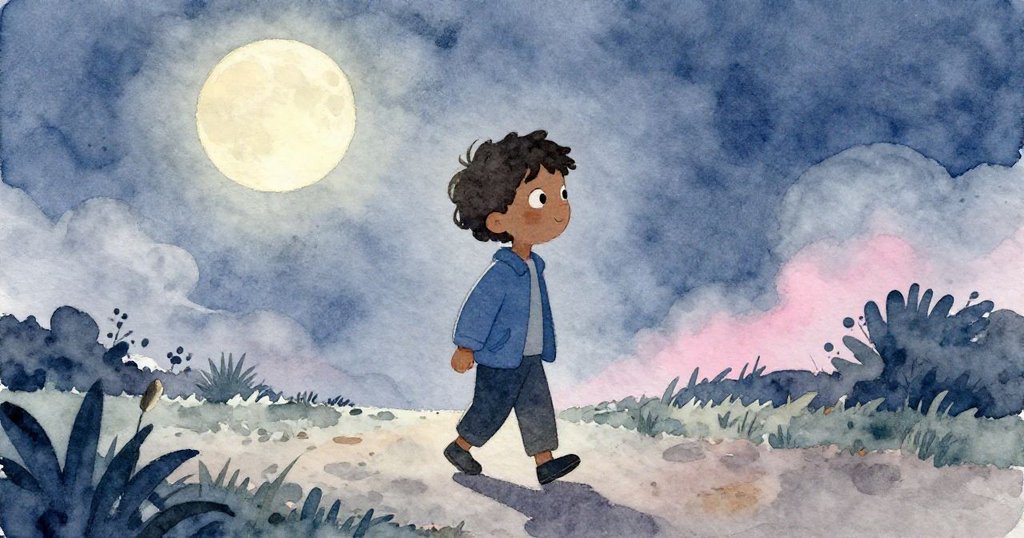 小男孩Tim在寧靜夜晚步行，月光被柔和雲彩遮擋，充滿期待與冒險心情。