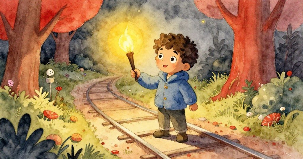 Tim手持小手電，仔細探索彎曲祕密小徑，燈光映出大地質感，流露好奇與決心。