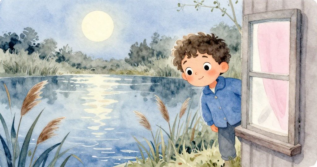 Tim透過蘆葦自然形成的窗框凝視寧靜池塘，柔和月光映出水面倒影，充滿驚奇與探險心。