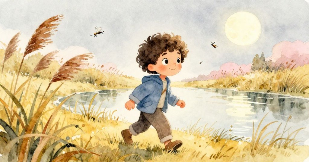 Tim走近池塘，觀察搖曳蘆葦間飛舞的小昆蟲，草叢隨風搖擺，展現自然寧靜與靈動。