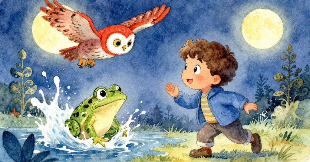 Tim驚喜地望著池塘中綠色青蛙跳起濺水，上方貓頭鷹輕拍翅膀，充滿動感與驚奇。