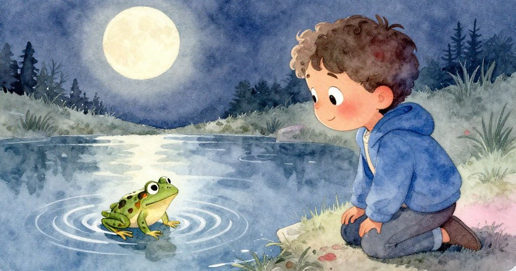 Tim靜靜跪在池塘邊，凝視著水中青蛙和漣漪擴散，月光柔和回臨，展現安寧與滿足感。