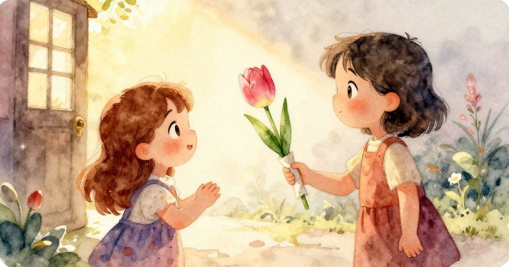 米拉特寫面容,眼神堅定卻略帶憂慮,頭髮隨風舞動,紙包鬱金香使她小心專注。