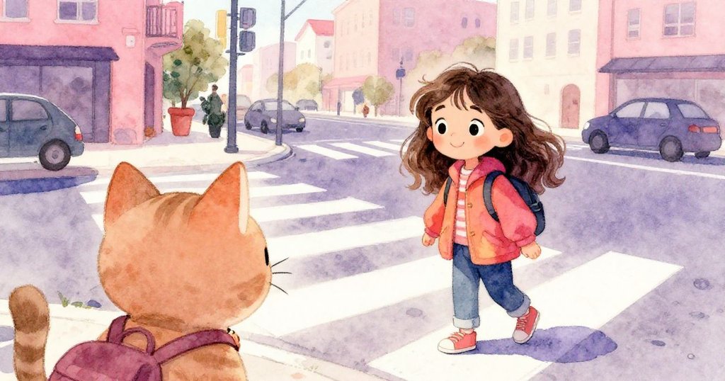 一隻好奇小貓從地面視角觀察米拉穿越斑馬線,街景繁忙中洋溢著都市趣味。